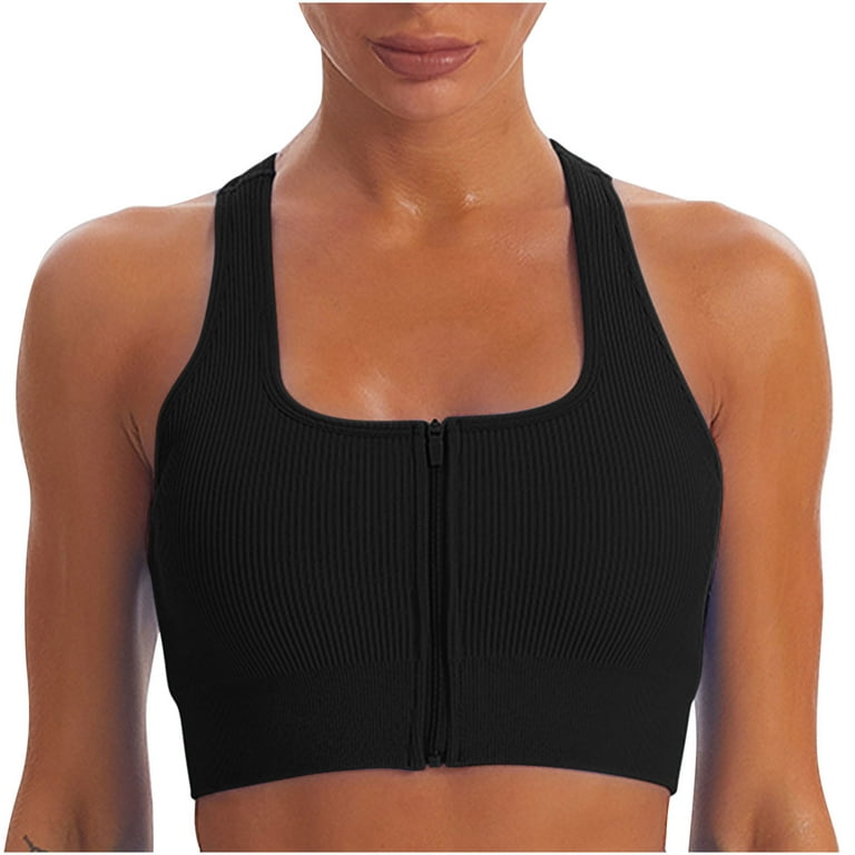 ZQGJB Sport Bras with Front Zipper Ribbed High Impact Support Strappy Back  Workout Bra Longline Fitness Crop Tops Gym Yoga Shirts Black S 