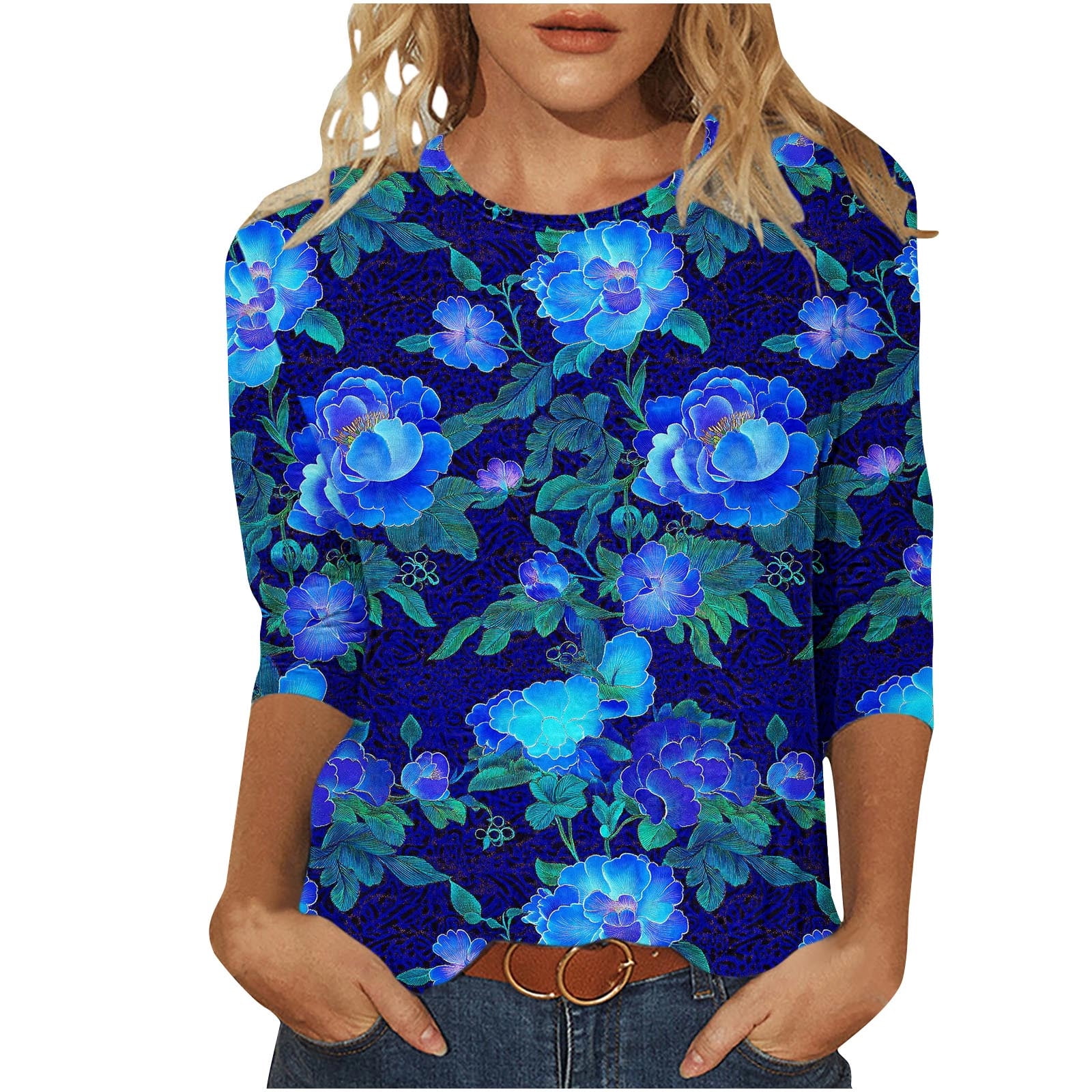 FONMA Women's 3/4 Sleeve Tops - Casual Floral Printed T-Shirt, Loose Fit Tunic Blouse For Spring & Fall