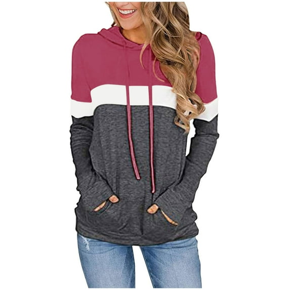 ZQGJB Spring Hoodie Sweatshirts for Women Color Block Print Long Sleeve Lightweight Hooded Pullover Tops Striped Comfy Tunic Blouse with Pockets(Dark Gray#02,M)