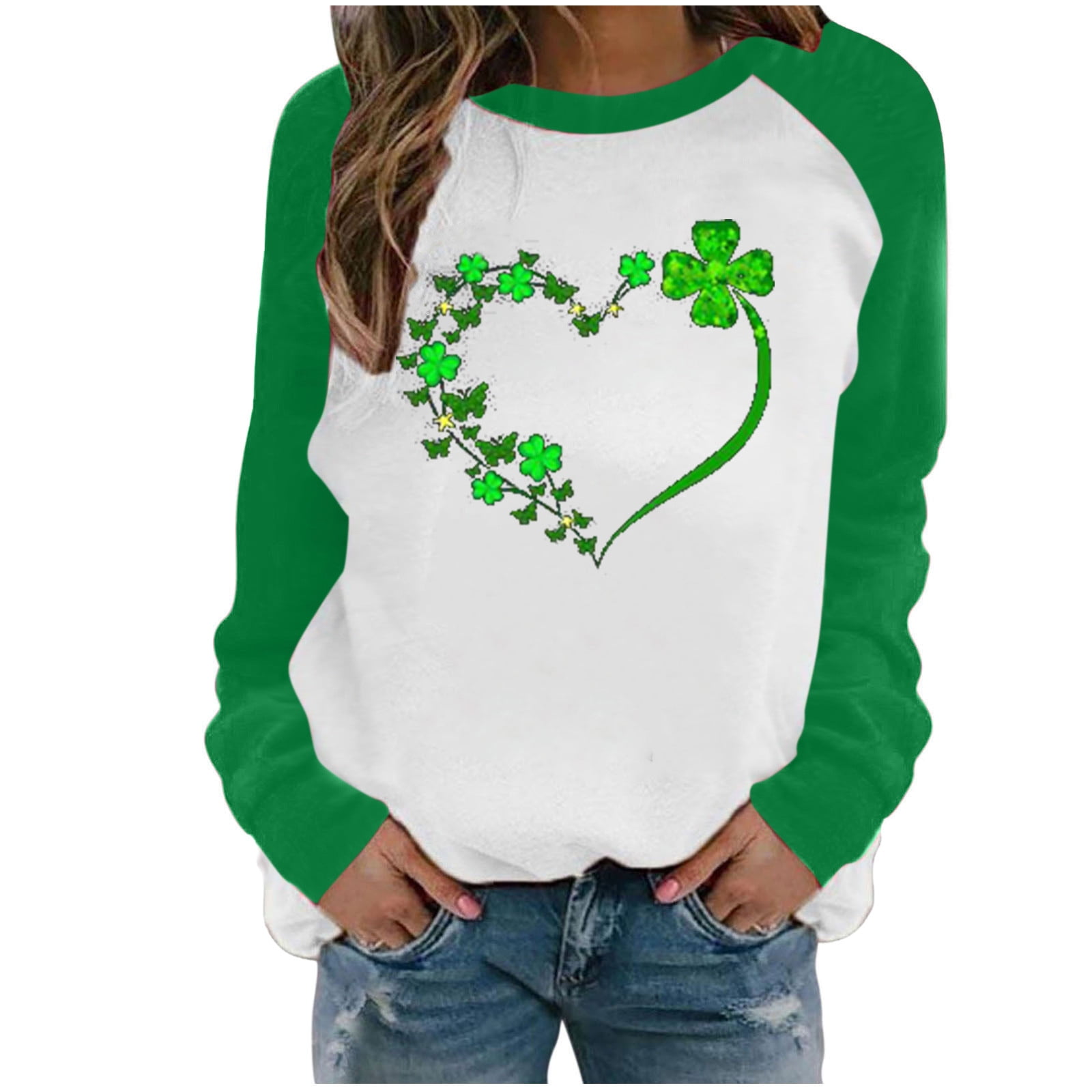ZQGJB St. Patrick's Graphic Sweatshirts for Women Cute Green Clover Heart  Pattern Print Long Sleeve Spliciing Tops Lightweight Crew Neck Pullover