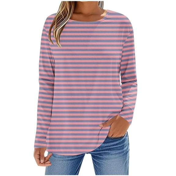 ZQGJB Striped Sweatshirts for Women Lightweight Thin Fall Long Sleeve Crewneck Color Block Print Tunic Blouse Loose Fit Dressy Pullover Tops Pink L