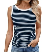 ZQGJB Striped Tank Tops for Women Casual Summer Sleeveless Round Neck Basic Shirts Trendy Relaxed Fit Cozy Tunic Blouse Navy M