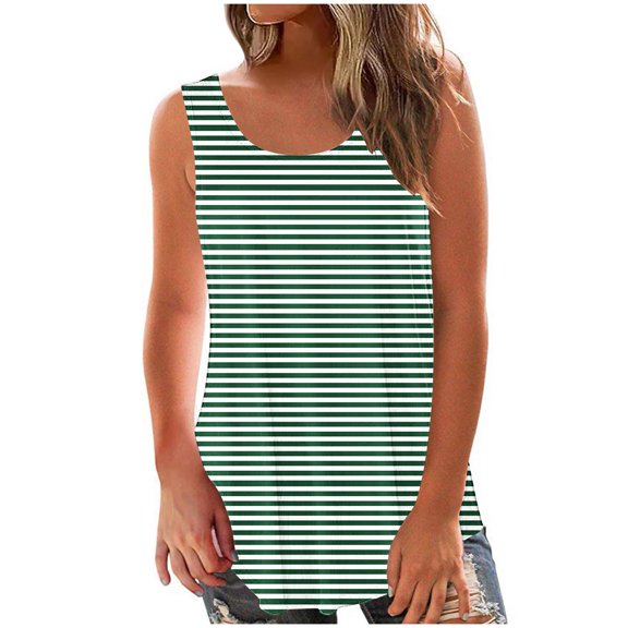ZQGJB Striped Tank Tops for Women Summer Casual Sleeveless Round Neck Graphic T-Shirts Loose Flowy Comfy Pullover Blouse Trendy Camisole Vest Green L
