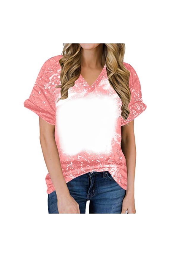 Sublimation Blanks Bleached Shirts for Women Lightweight Casual Short Sleeve V Neck Summer Tops Comfy Basic Tees Blouse Pink#02 XXL