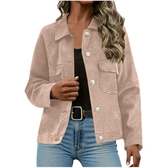 ZQGJB Suede Jackets For Women 2025 Casual Button Down Cropped Jacket Fall Long Sleeve Outerwear Coats Work Office Clothes Fashion Outfits with Pockets Khaki L