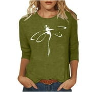ZQGJB Summer 3/4 Length Sleeve T Shirt Casual Graphic Dragonfly Pattern Tops for Womens Three Quarter Sleeve Pullover Round Neck Plain Tees Shirt Elegant Cozy Tunic Blouse Army Green XXXXXL
