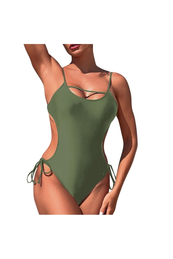 Summer Backless One Piece Swimsuit Women Swimwear Tummy Control Monokini Sexy Bathing Suit Bandage Beachwear Cutout Swimsuits(Army Green,M)
