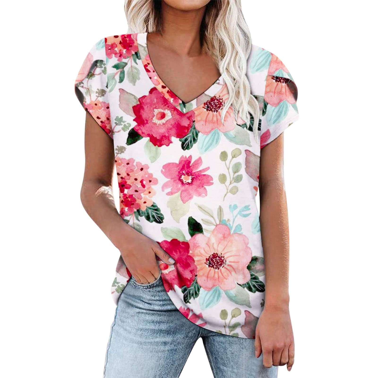 ZQGJB Spring Tops Women Casual Graphic T-Shirts Long Sleeve Cute Floral  Print Round Neck Pullover Loose Comfy Trendy Cozy Blouse Leisure Tshirt  Top(White,L) 