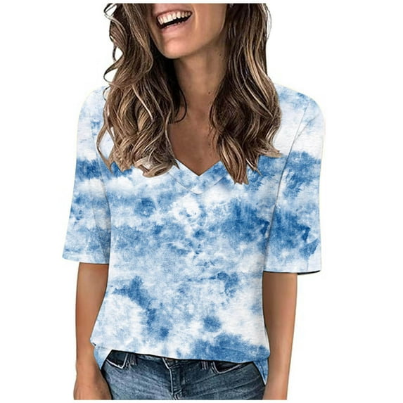ZQGJB Summer T-Shirts for Women Trendy Tie Dye Gradient Print Short Sleeve V Neck Graphic Tunic Tees Shirt Loose Lightweight Comfy Pullover Tops Blue XL