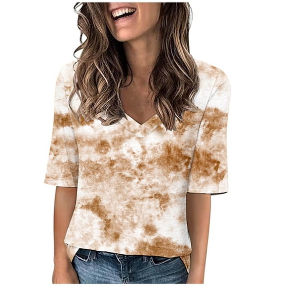ZQGJB Summer T-Shirts for Women Trendy Tie Dye Gradient Print Short Sleeve V Neck Graphic Tunic Tees Shirt Loose Lightweight Comfy Pullover Tops Brown M