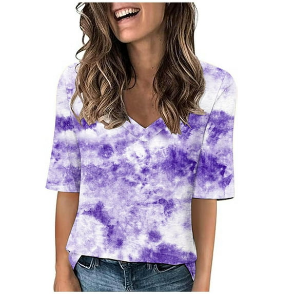 ZQGJB Summer T-Shirts for Women Trendy Tie Dye Gradient Print Short Sleeve V Neck Graphic Tunic Tees Shirt Loose Lightweight Comfy Pullover Tops Purple M