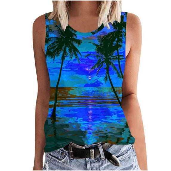 ZQGJB Summer Tank Tops for Women Trendy Tropical Palm Tree Sunset Print Basic Workout Tees Shirt Dressy Casual Summer Sleeveless Camisole Vest Top Blue XXXXL