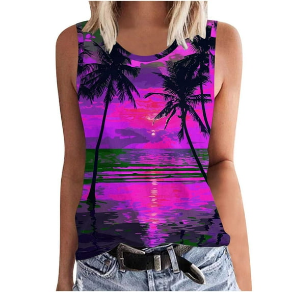 ZQGJB Summer Tank Tops for Women Trendy Tropical Palm Tree Sunset Print Basic Workout Tees Shirt Dressy Casual Summer Sleeveless Camisole Vest Top Purple XXXL