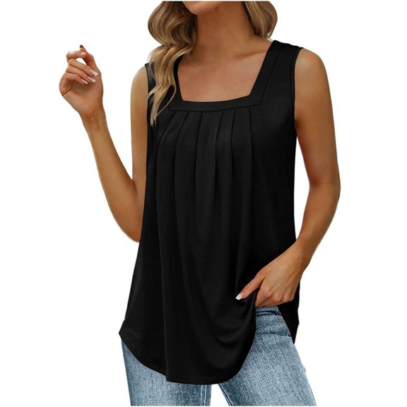 ZQGJB Summer Tank Tops for Women Loose Fit Pleated Square Neck Sleeveless Tops Cute Plain Tees Loose Fit Curved Hem Flowy Tunic Blouse Black XXL