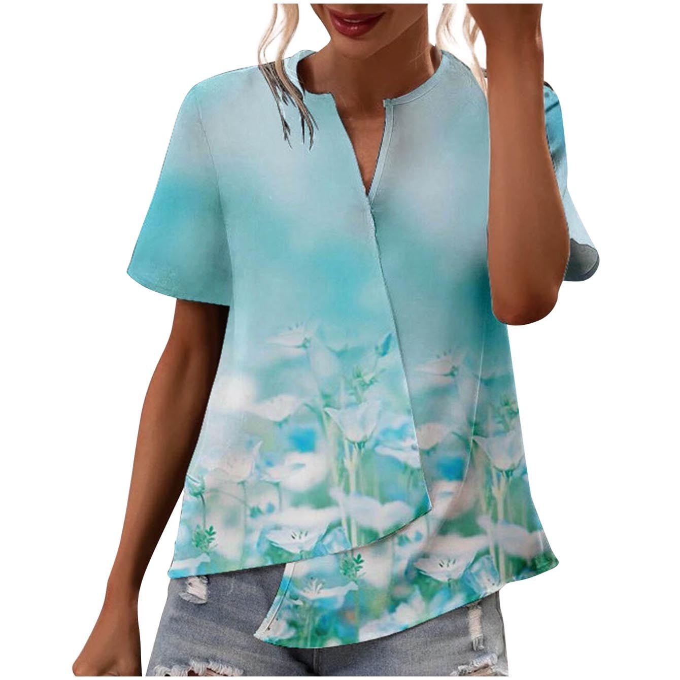 ZQGJB Summer Casual Short Sleeve Shirts for Women Solid Color Crewneck Tees  Loose Tassels Cotton T-Shirts Trendy Cozy Tunic Blouse Light Blue L