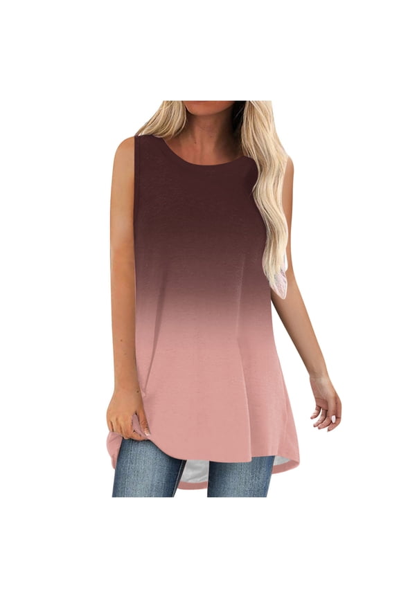 Summer Tunic Tops for Women Loose Fit Casual Dressy Workout Tank Top Trendy Sleeveless Tie Dye Gradient Print Round Neck Graphic Tees Shirt Brown S