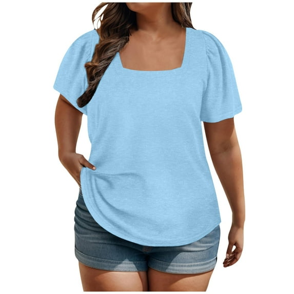 ZQGJB Summer Women Puff Sleeve Tops Plus Size Casual Short Sleeve Square Neck Plain Tees Shirt Loose Oversized Casual Dressy Tunic Blouse Blue XXXL