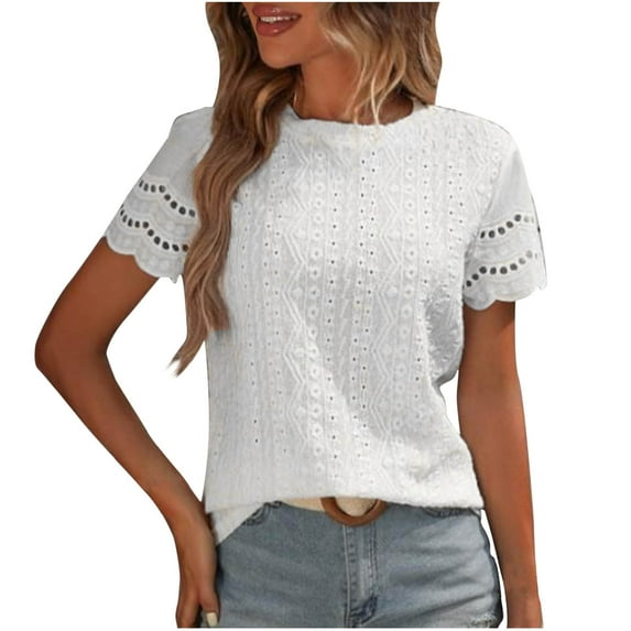 ZQGJB Summer Women Tunic Blouse Casual Lace Crochet Eyelet Hollow out Short Sleeve Crewneck Embroidery T-Shirts Dressy Casual Scallop Trim Tee White XL