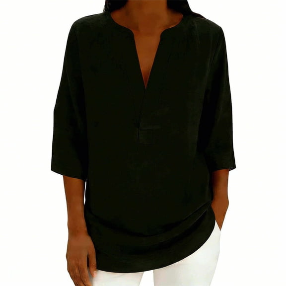 ZQGJB Summer Womens Linen Tops Lightweight Casual V Neck 3/4 Sleeve Tunic Blouse Loose Fit Dressy Beach Vacation Tees Shirt Outfits Black S