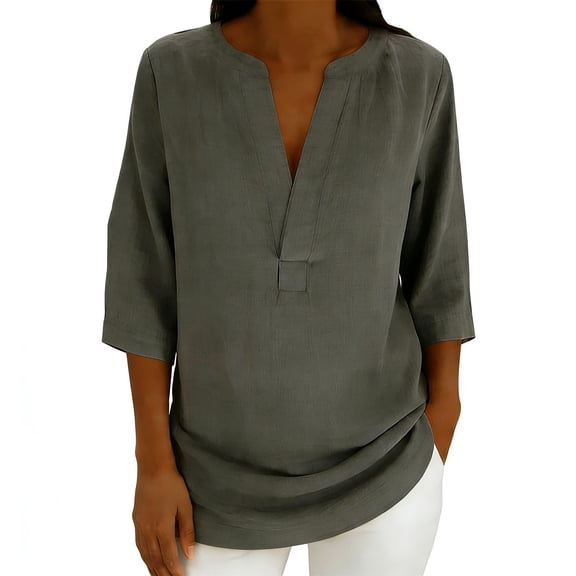 ZQGJB Summer Womens Linen Tops Lightweight Casual V Neck 3/4 Sleeve Tunic Blouse Loose Fit Dressy Beach Vacation Tees Shirt Outfits Gray L