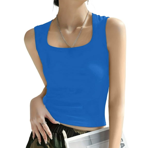 ZQGJB Summer Womens Square Neck Tank Tops Trendy Solid Color Basic Workout Tees Shirt Casual Sleeveless Athletic Cami Shirts 2025 Blue S