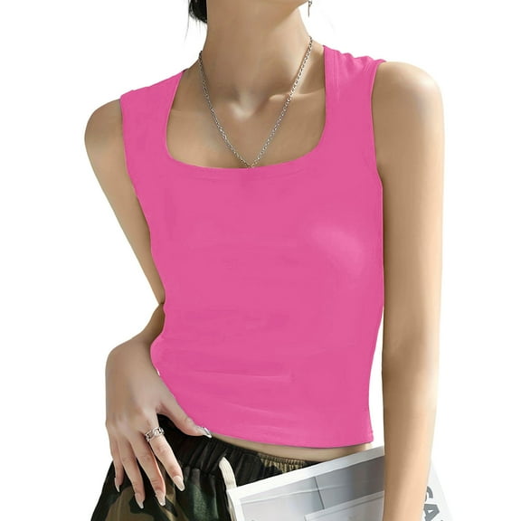 ZQGJB Summer Womens Square Neck Tank Tops Trendy Solid Color Basic Workout Tees Shirt Casual Sleeveless Athletic Cami Shirts 2025 Hot Pink XL