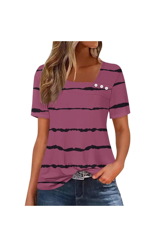 Summer Womens T-Shirts Casual Striped Color Block Printed Short Sleeve Button Asymmetric V Neck Tunic Blouse for Leggings Hot Pink L