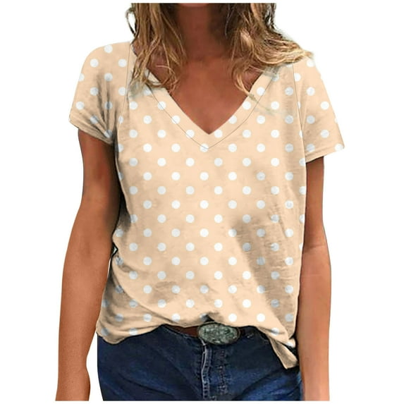 ZQGJB Summer Womens T-Shirts Dressy Casual Polka Dot Print Short Sleeve V Neck Graphic Tunic Blouse Loose Lightweight Comfy Pullover Tops Beige XL