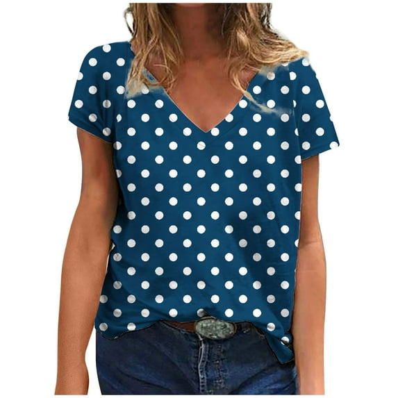 ZQGJB Summer Womens T-Shirts Dressy Casual Polka Dot Print Short Sleeve V Neck Graphic Tunic Blouse Loose Lightweight Comfy Pullover Tops Blue#01 S