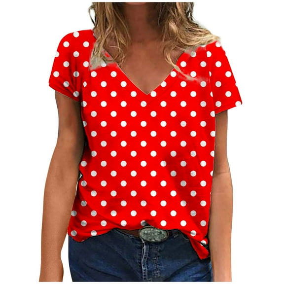 ZQGJB Summer Womens T-Shirts Dressy Casual Polka Dot Print Short Sleeve V Neck Graphic Tunic Blouse Loose Lightweight Comfy Pullover Tops Red M