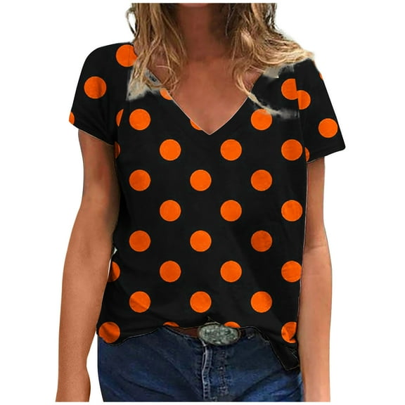 ZQGJB Summer Womens Tops Dressy Casual Short Sleeve V Neck Polka Dot Tunic Blouse Loose Fit Comfy Graphic T-Shirts Trendy Holiday Vacation Tees Shirt Orange M
