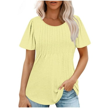 ZQGJB Summer Womens Tunic Tops for Leggings Casual Solid Color Short Sleeve Ruched Pleated T-Shirts Loose Fit Curvy Hem Blouse for Leggings Yellow L