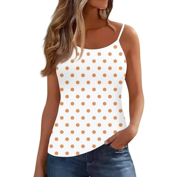 ZQGJB Tank Top for Women Loose Fit Polka Dot Print Summer Spaghetti Straps Cami Top Basic Scoop Neck Adjustable Cute Sleeveless Shirts Orange XXL