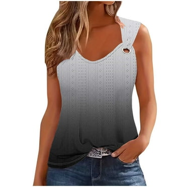 ZQGJB Tank Tops for Women Lace Crochet Eyelet Cute Summer Sleeveless Tie Dye Gradient Print V Neck Plain Tees Shirt Loose Fit Comfy Tunic Blouse Black XL