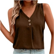 ZQGJB Tank Tops for Women Loose Fit Casual Summer Sleeveless Button V Neck Solid Color Workout Tunic Tees Shirts Trendy Comfy Cotton Linen Camisole Blouse Brown XXXL
