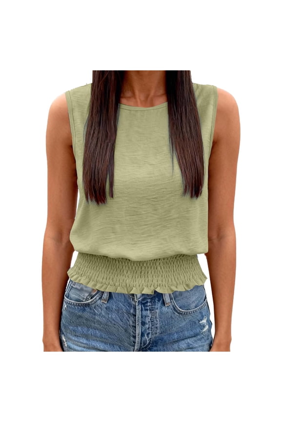 Tank Tops for Women Cute Summer Sleeveless Casual Round Neck Boho Cami Trendy Basic Slim Fit Smocked Bottom Shirts Green XL