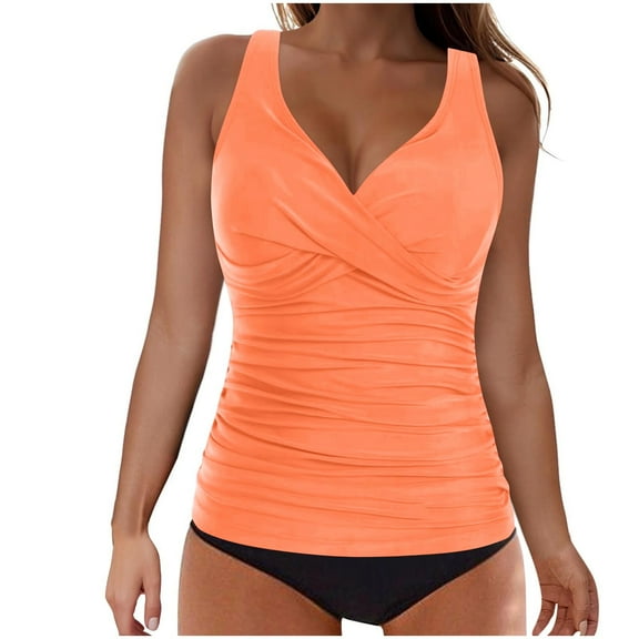 ZQGJB Tankini Swimsuits for Women Tummy Control Bathing Suits Two Piece Tankini Tops with Bikini Bottoms Front Twist V Neck Beach Swimwear(Orange,S)