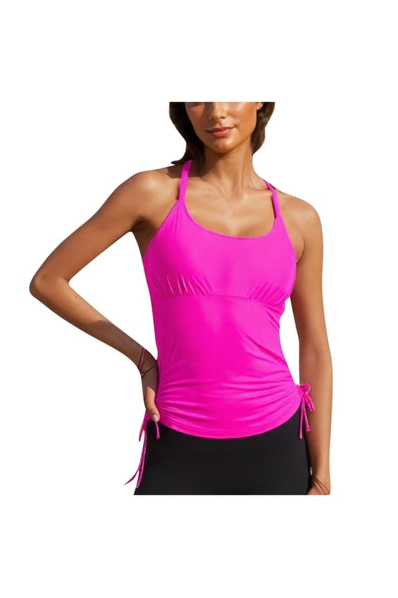 Tankini Tops for Women Swimwear Top Only Tummy Control Side Drawstring Bathing Suit Top No Bottom Sexy O-Ring Tie Cross Back Swim Tops(Hot Pink,L)