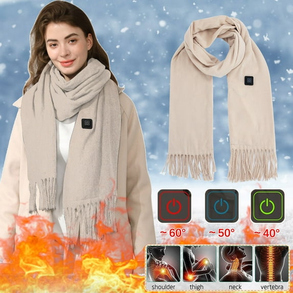 ZQGJB Tassels Heated Scarf for Women and Men, 3 Levels Temperatures Control USB Smart Charging Neck and Shoulder Warmer Winter Electric Rechargeable Scarf for Cold Weather C01-Khaki