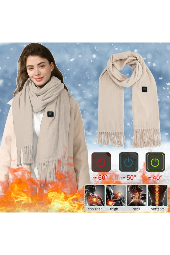 Tassels Heated Scarf for Women and Men, 3 Levels Temperatures Control USB Smart Charging Neck and Shoulder Warmer Winter Electric Rechargeable Scarf for Cold Weather C01-Khaki