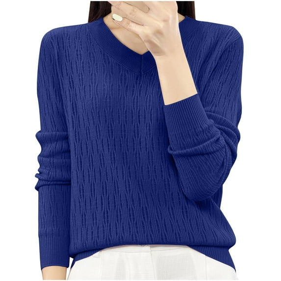 ZQGJB Texture Tops for Women Fashion Long Sleeve Casual Solid Color Knit Pullover Sweaters Loose Lightweight Comfy Athletic Workout T-Shirts Blue XL