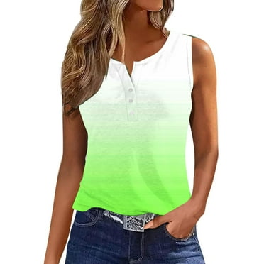 ZQGJB Tie Dye Gradient Print Summer Tank Tops for Women Trendy Button up Neckline Tunic Blouse Casual Sleeveless Camisole Vest Top Green#01 S