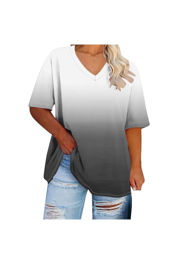 Tie Dye Gradient T-Shirts for Women Plus Size Casual Summer Short Sleeve V Neck Graphic Tunic Tops Loose Lightweight Comfy Baggy Tees Blouse Black XXXL