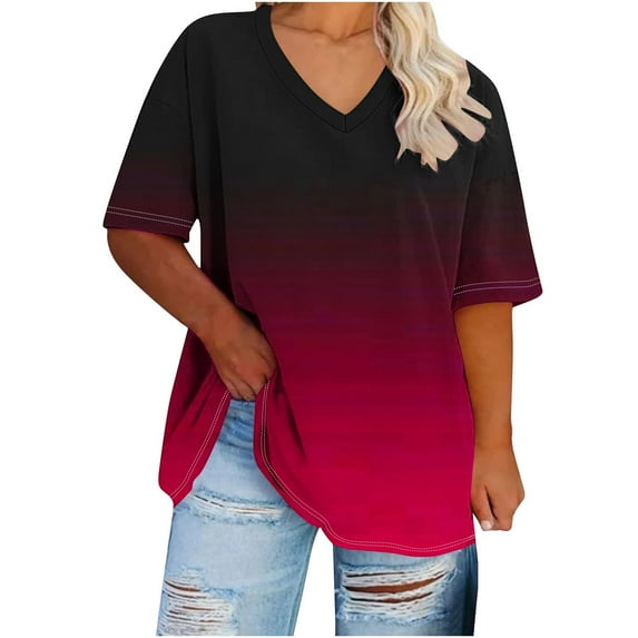 ZQGJB Tie Dye Gradient T-Shirts for Women Plus Size Casual Summer Short Sleeve V Neck Graphic Tunic Tops Loose Lightweight Comfy Baggy Tees Blouse Red XXXXXL