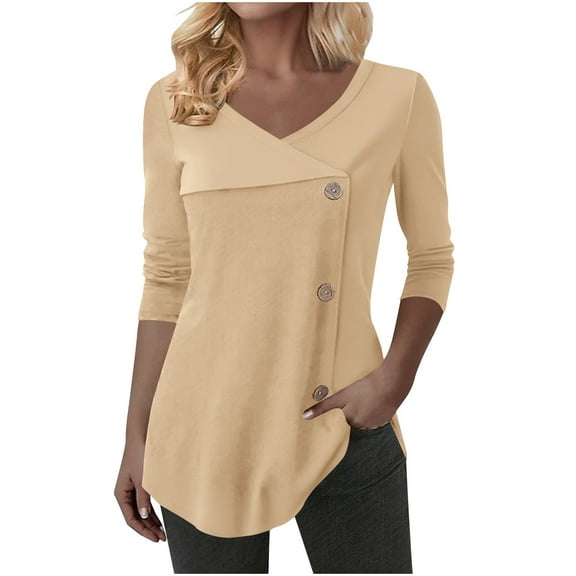 ZQGJB Tunic Tops for Women Fall Long Sleeve Casual Button V Neck Solid Color Basic Collared Work Business Tees Shirt Irregular Hem Blouse for Leggings Beige L