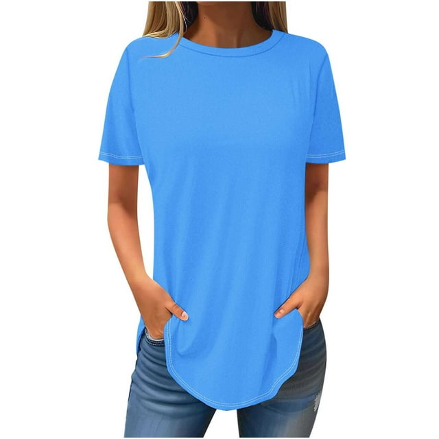 ZQGJB Tunic Tops for Women to Wear with Leggings Casual Summer Solid Color Short Sleeve Crewneck Basic Workout Tees Shirt Loose Flowy Comfy Blouse Blue S