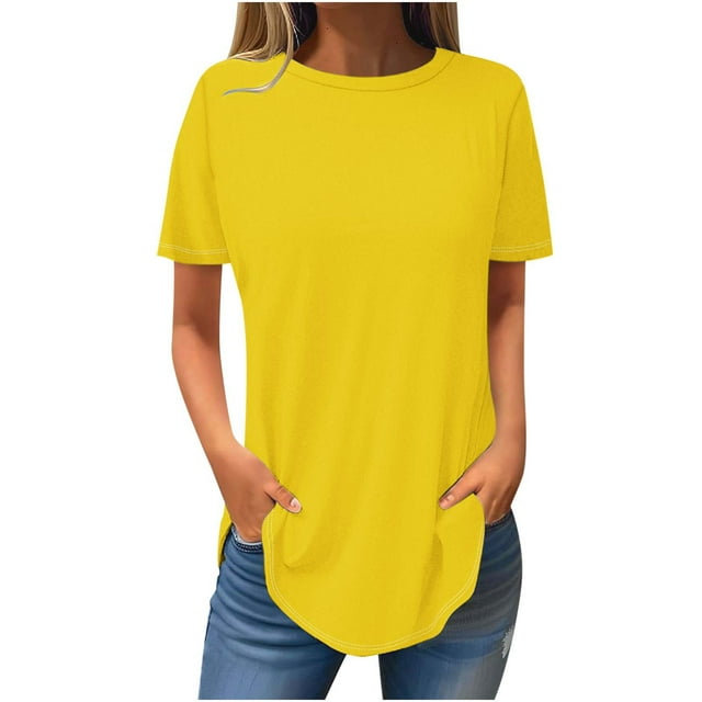 ZQGJB Tunic Tops for Women to Wear with Leggings Casual Summer Solid Color Short Sleeve Crewneck Basic Workout Tees Shirt Loose Flowy Comfy Blouse Yellow M