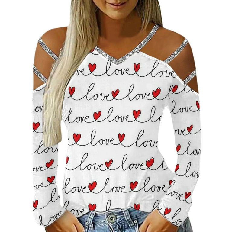 ZQGJB Valentines Day V Neck Off the Shoulder Tops for Women Casual