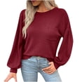 thumbnail image 1 of ZQGJB Waffled Knitted Sweater Tops for Women Casual Solid Color Puff Long Sleeve Crewneck Pullover Sweatshirts Loose Lightweight Comfy Baggy Blouse with Pockets Wine L, 1 of 5