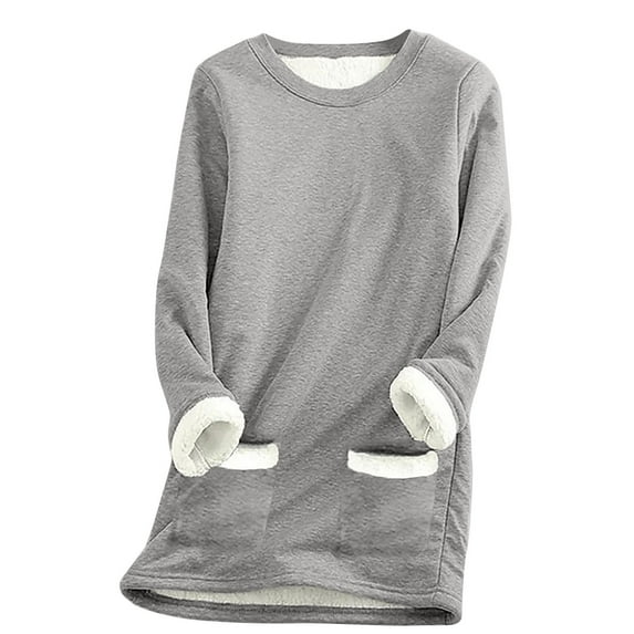 ZQGJB Warm Sherpa Lined Pullover Sweatshirt for Women Crewneck Solid Color Long Sleeve Fleece Blouse Winter Thick Velvet Loungewear Tops(Z#02-Gray,XL)